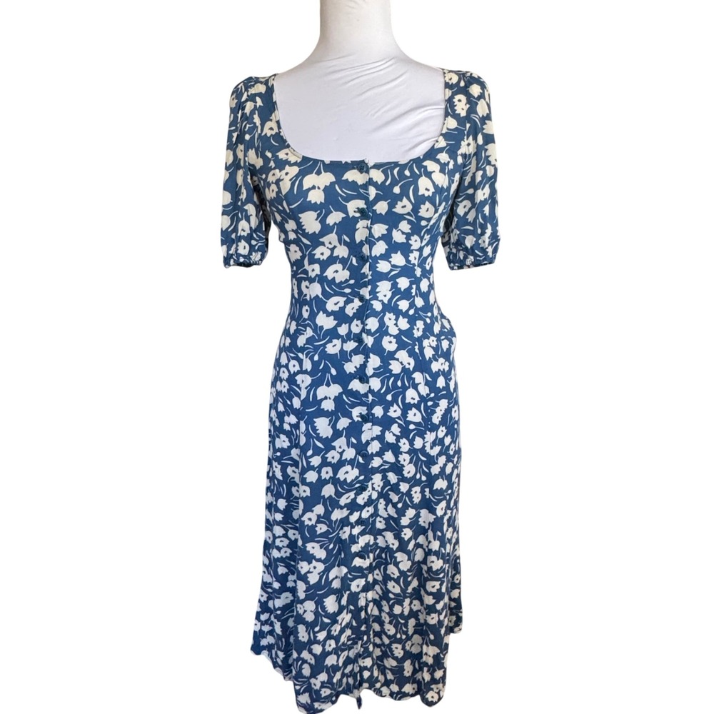 Reformation Women's‎ Dress Blue Floral Feminine Puff Sleeve Midi Dress Size 0
